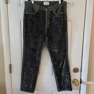 Frame Jeans Black Sequins Straight Leg Denim Size 29 Basque Rips 100% Cotton USA
